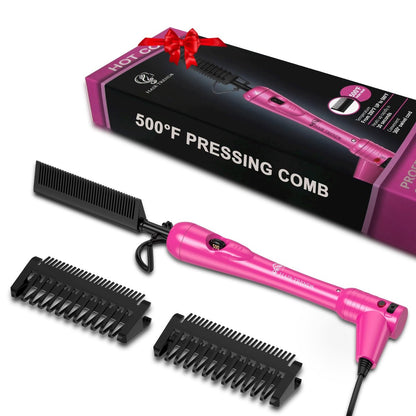 Mini Pink Hot Comb 500 Degree – Dual Voltage Electric Pressing Comb for Black Hair, Portable Ceramic Straightening Comb for 4C Hair, Wigs & Beard Avelisse