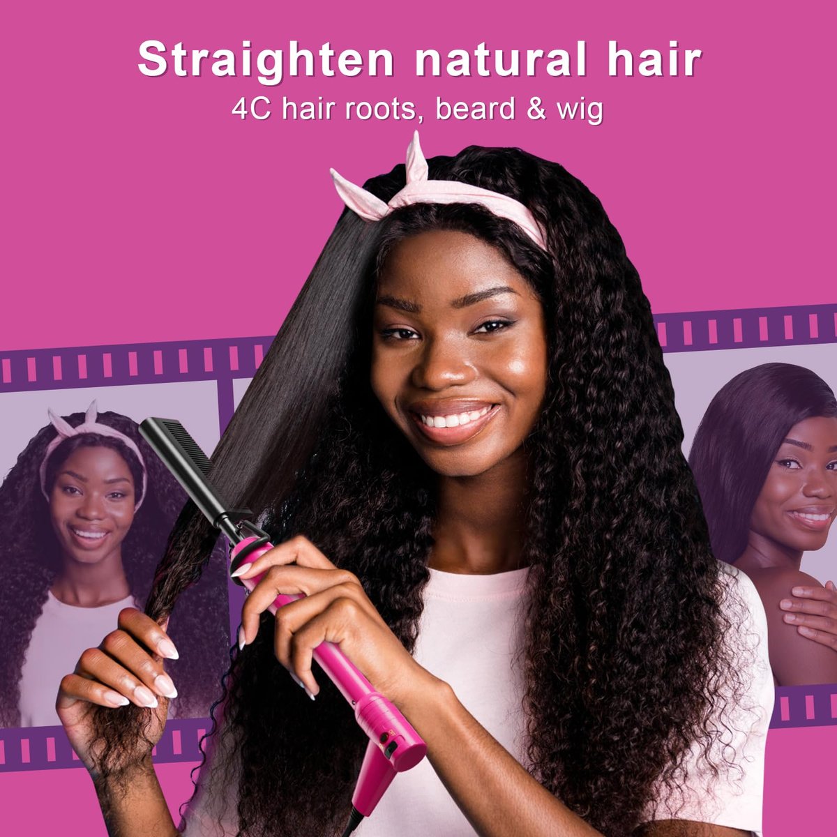 Mini Pink Hot Comb 500 Degree – Dual Voltage Electric Pressing Comb for Black Hair, Portable Ceramic Straightening Comb for 4C Hair, Wigs & Beard Avelisse