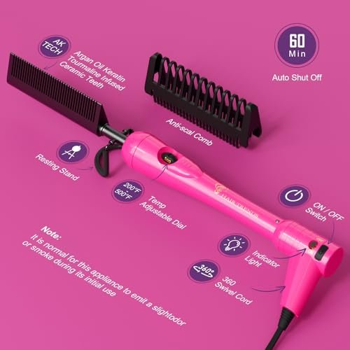 Mini Pink Hot Comb 500 Degree – Dual Voltage Electric Pressing Comb for Black Hair, Portable Ceramic Straightening Comb for 4C Hair, Wigs & Beard Avelisse