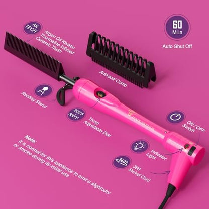 Mini Pink Hot Comb 500 Degree – Dual Voltage Electric Pressing Comb for Black Hair, Portable Ceramic Straightening Comb for 4C Hair, Wigs & Beard Avelisse