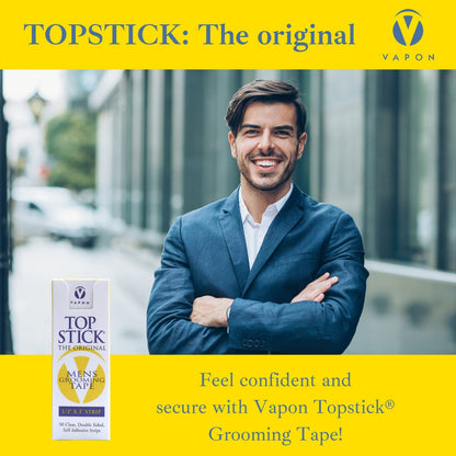 Vapon Topstick Original Men's Grooming Tape - 50 Count 1/2" x 3" Double Sided Clear Tape for Toupee & Wig Adhesion - Hypoallergenic, Waterproof, Latex-Free