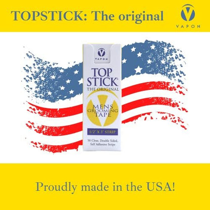 Vapon Topstick Original Men's Grooming Tape - 50 Count 1/2" x 3" Double Sided Clear Tape for Toupee & Wig Adhesion - Hypoallergenic, Waterproof, Latex-Free
