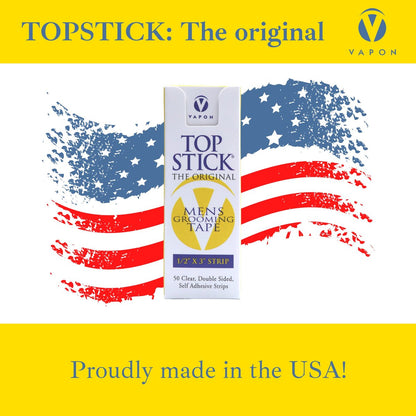 Vapon Topstick Original Men's Grooming Tape - 50 Count 1/2" x 3" Double Sided Clear Tape for Toupee & Wig Adhesion - Hypoallergenic, Waterproof, Latex-Free
