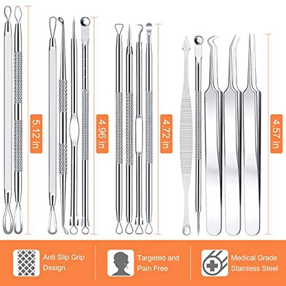 Professional Pimple Popper Tool Kit - 15 PCS Stainless Steel Blackhead Remover Comedone Extractor Tools for Acne Removal with Metal Case (Silver)