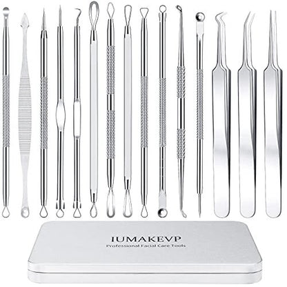 Professional Pimple Popper Tool Kit - 15 PCS Stainless Steel Blackhead Remover Comedone Extractor Tools for Acne Removal with Metal Case (Silver)