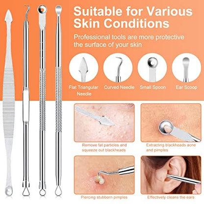 Professional Pimple Popper Tool Kit - 15 PCS Stainless Steel Blackhead Remover Comedone Extractor Tools for Acne Removal with Metal Case (Silver)