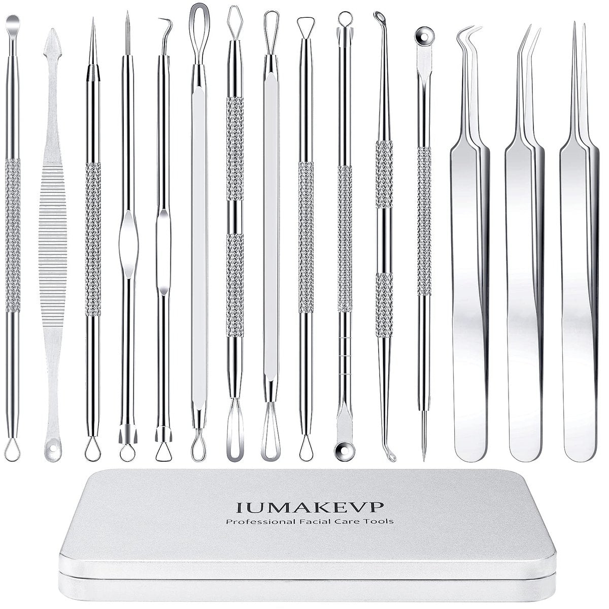 Professional Pimple Popper Tool Kit - 15 PCS Stainless Steel Blackhead Remover Comedone Extractor Tools for Acne Removal with Metal Case (Silver) - görsel 1