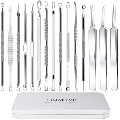 Professional Pimple Popper Tool Kit - 15 PCS Stainless Steel Blackhead Remover Comedone Extractor Tools for Acne Removal with Metal Case (Silver)