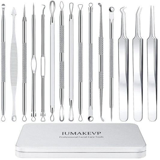 Professional Pimple Popper Tool Kit - 15 PCS Stainless Steel Blackhead Remover Comedone Extractor Tools for Acne Removal with Metal Case (Silver)