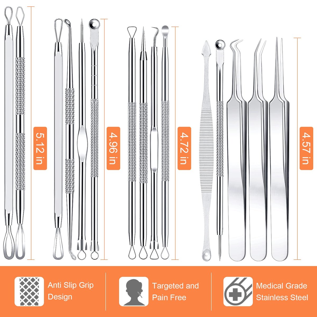 Professional Pimple Popper Tool Kit - 15 PCS Stainless Steel Blackhead Remover Comedone Extractor Tools for Acne Removal with Metal Case (Silver) - görsel 15