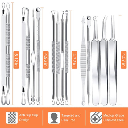 Professional Pimple Popper Tool Kit - 15 PCS Stainless Steel Blackhead Remover Comedone Extractor Tools for Acne Removal with Metal Case (Silver)