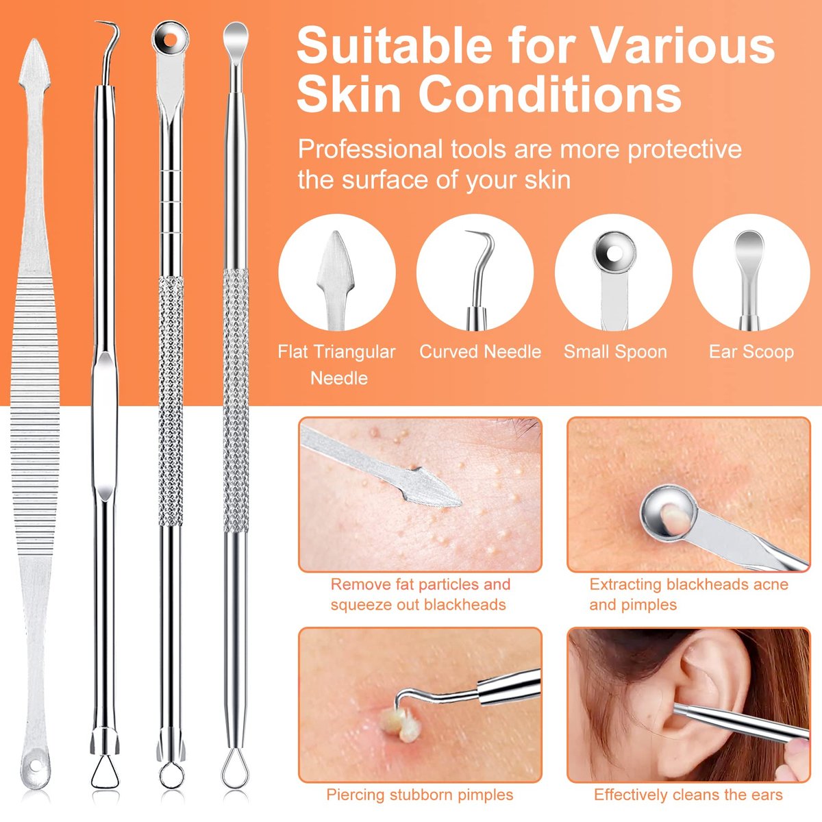Professional Pimple Popper Tool Kit - 15 PCS Stainless Steel Blackhead Remover Comedone Extractor Tools for Acne Removal with Metal Case (Silver) - görsel 5
