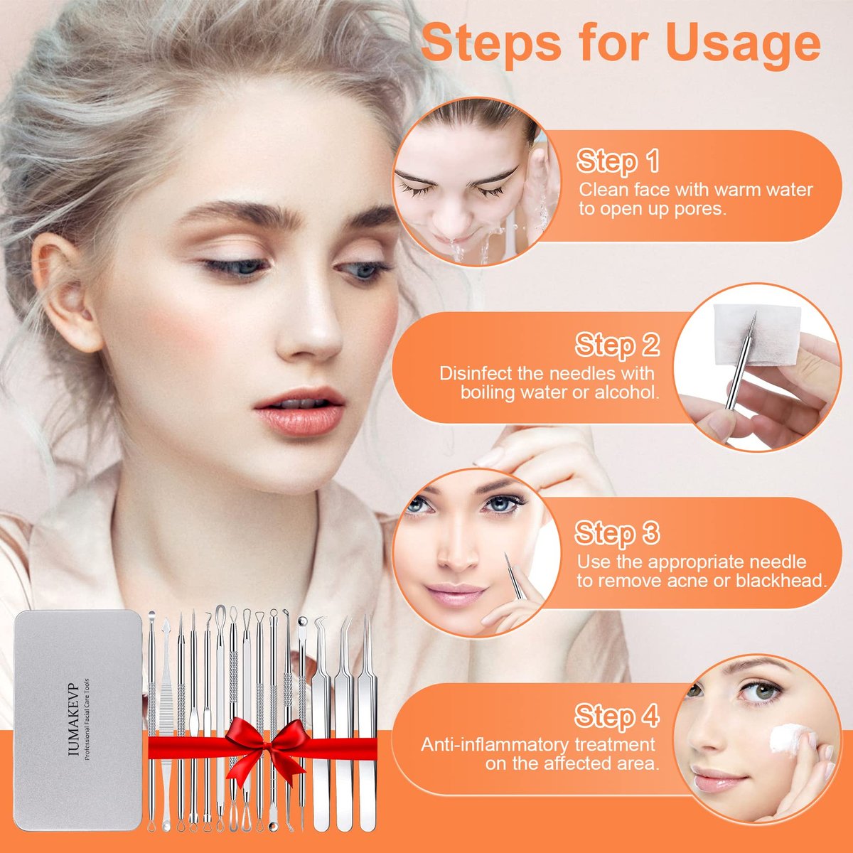 Professional Pimple Popper Tool Kit - 15 PCS Stainless Steel Blackhead Remover Comedone Extractor Tools for Acne Removal with Metal Case (Silver) - görsel 11