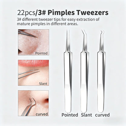 22-Piece Pimple Popper Tool Kit – Stainless Steel Blackhead Remover & Acne Comedone Extractor Set