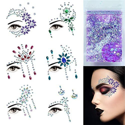 DECOYARDOO Face Jewels 6 Sheets Sticky Gems - Chunky Glitter Rhinestones for Fairy Euphoria Eye Body Makeup, Rave Festival Outfit Accessories (Purple Glitter, 7 Sets)