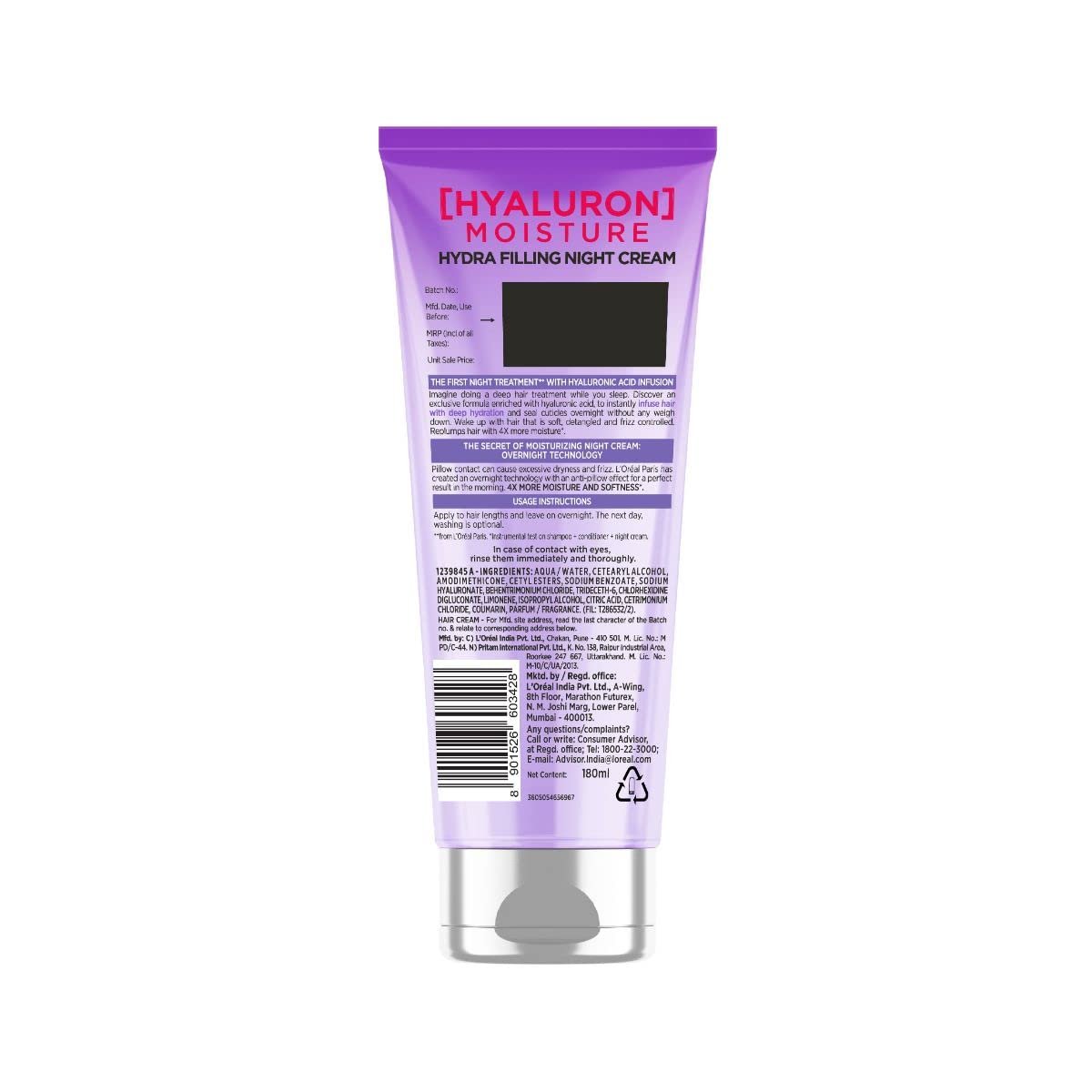 L'Oreal Paris Hyaluron Moisture Leave-In Night Cream for Dry Hair, 180 ml Avelisse