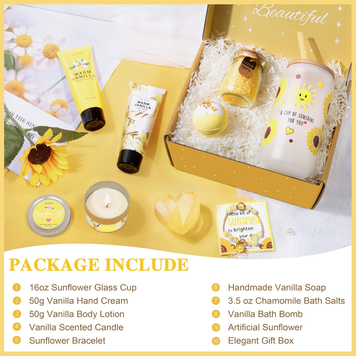 LUCOTIYA Warm Vanilla Self Care Set – 10 Piece Bath and Body Gift for Women, Mom, Wife, Bestie – Christmas Birthday Gift Avelisse