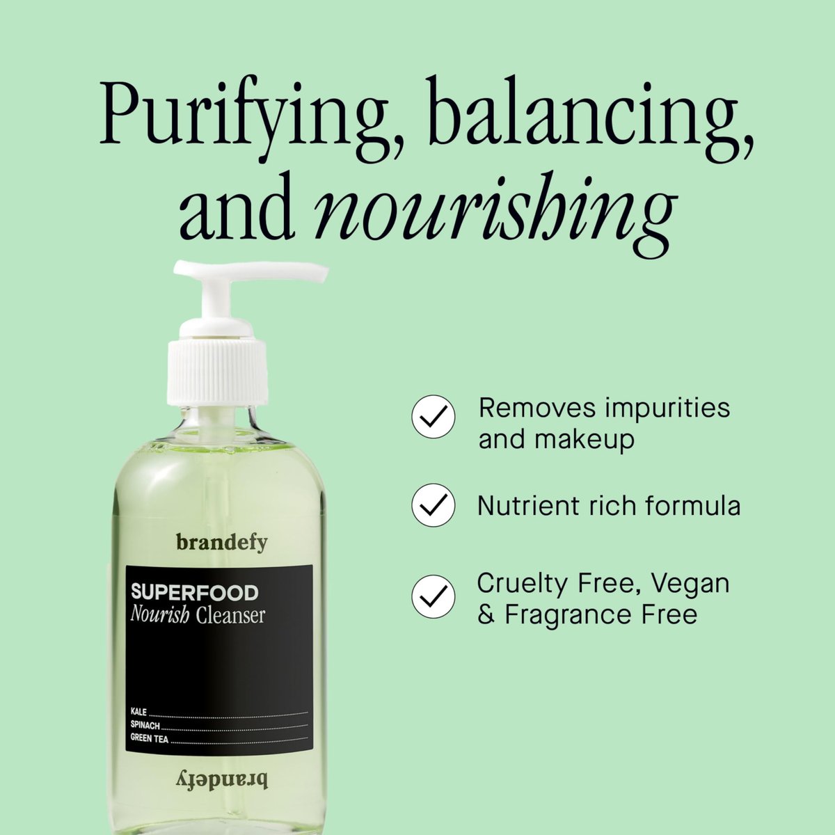 Brandefy Superfood Face Wash - Gentle pH Balanced Cleanser with Kale, Green Tea, Spinach, Vitamin C, E, K2 - Organic Facial Cleanser for All Skin Types (8 Fl Oz) Avelisse