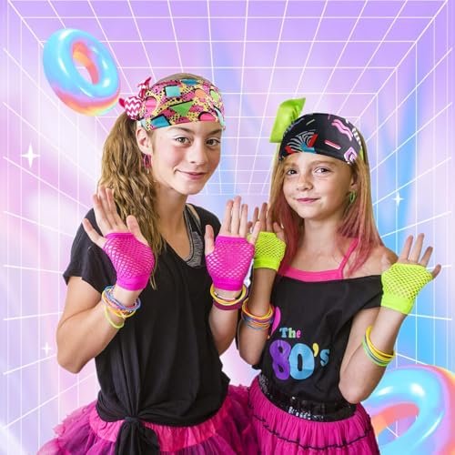 4 Pack 80s 90s Neon Headbands - Retro Vintage Fashion Sweatbands for Women Men, Athletic Elastic Hairband for Hip Hop Party, Hiking, Cycling, Running - görsel 13