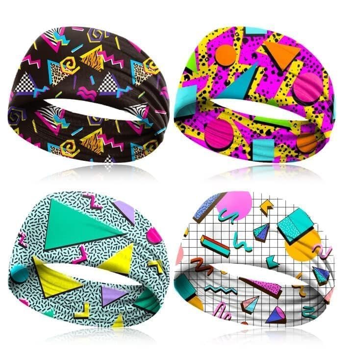 4 Pack 80s 90s Neon Headbands - Retro Vintage Fashion Sweatbands for Women Men, Athletic Elastic Hairband for Hip Hop Party, Hiking, Cycling, Running - görsel 3