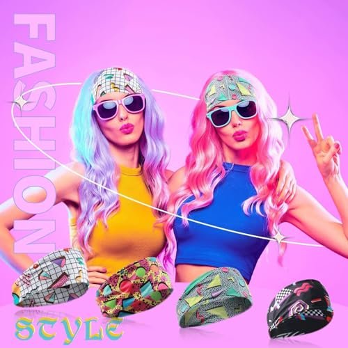 4 Pack 80s 90s Neon Headbands - Retro Vintage Fashion Sweatbands for Women Men, Athletic Elastic Hairband for Hip Hop Party, Hiking, Cycling, Running - görsel 7
