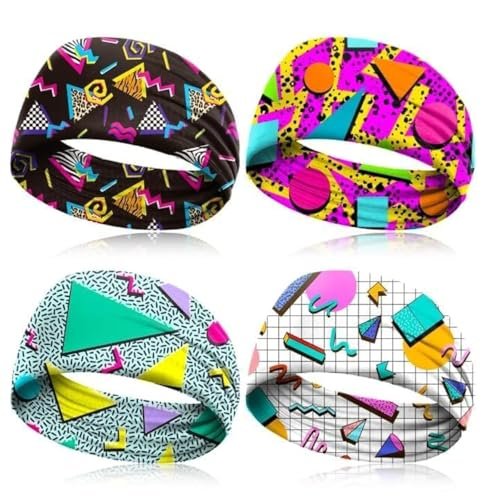 4 Pack 80s 90s Neon Headbands - Retro Vintage Fashion Sweatbands for Women Men, Athletic Elastic Hairband for Hip Hop Party, Hiking, Cycling, Running - görsel 2
