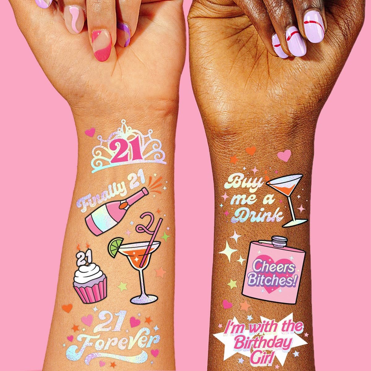 xo, Fetti 21st Birthday Party Temporary Tattoos – 48 Pcs Fun Bday Girl Decorations, Finally 21, RIP Fake ID, Disco Cowgirl, Twenty One Tiara - görsel 2