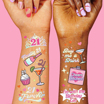 xo, Fetti 21st Birthday Party Temporary Tattoos – 48 Pcs Fun Bday Girl Decorations, Finally 21, RIP Fake ID, Disco Cowgirl, Twenty One Tiara
