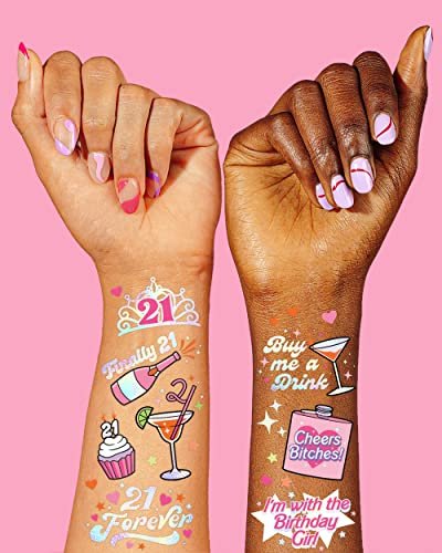 xo, Fetti 21st Birthday Party Temporary Tattoos – 48 Pcs Fun Bday Girl Decorations, Finally 21, RIP Fake ID, Disco Cowgirl, Twenty One Tiara