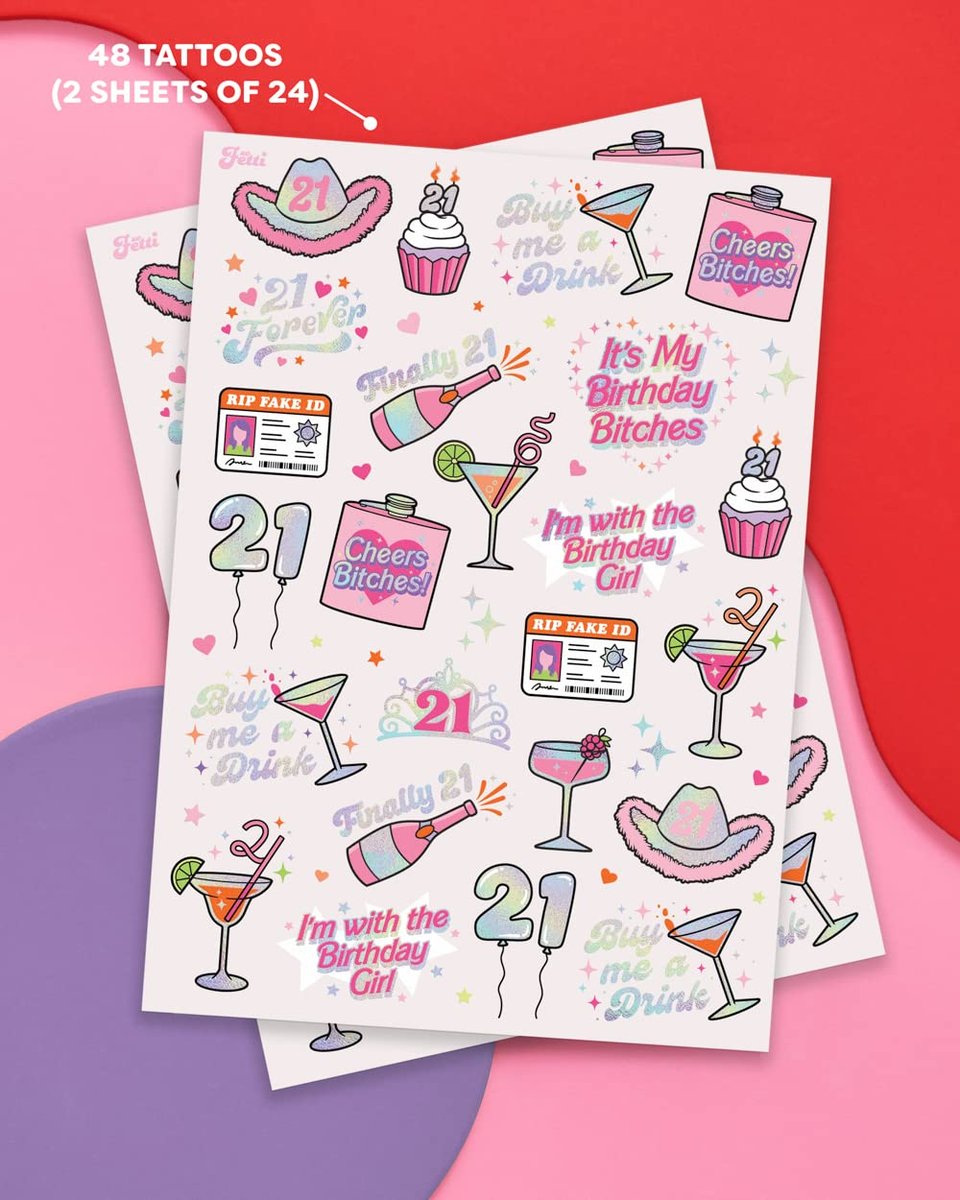 xo, Fetti 21st Birthday Party Temporary Tattoos – 48 Pcs Fun Bday Girl Decorations, Finally 21, RIP Fake ID, Disco Cowgirl, Twenty One Tiara - görsel 4