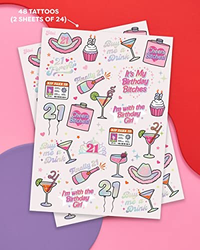 xo, Fetti 21st Birthday Party Temporary Tattoos – 48 Pcs Fun Bday Girl Decorations, Finally 21, RIP Fake ID, Disco Cowgirl, Twenty One Tiara - görsel 3