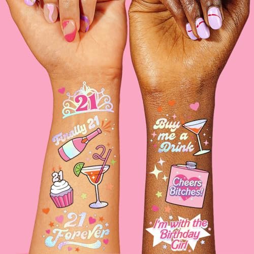 xo, Fetti 21st Birthday Party Temporary Tattoos – 48 Pcs Fun Bday Girl Decorations, Finally 21, RIP Fake ID, Disco Cowgirl, Twenty One Tiara - görsel 1