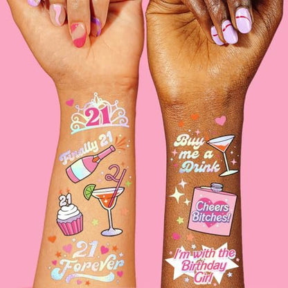 xo, Fetti 21st Birthday Party Temporary Tattoos – 48 Pcs Fun Bday Girl Decorations, Finally 21, RIP Fake ID, Disco Cowgirl, Twenty One Tiara