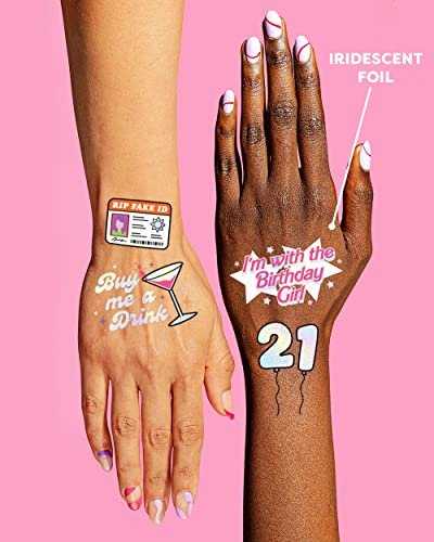 xo, Fetti 21st Birthday Party Temporary Tattoos – 48 Pcs Fun Bday Girl Decorations, Finally 21, RIP Fake ID, Disco Cowgirl, Twenty One Tiara