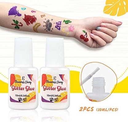 Body Glue for Glitter Tattoos – Eleanore's Diary 10ml*2 Art Glitter Glue, Odourless & Non-Toxic, Ideal for Skin Chunky Makeup, Beach Parties, Music Festivals, Carnival, Cosplay, Summer Holidays, Gemstones