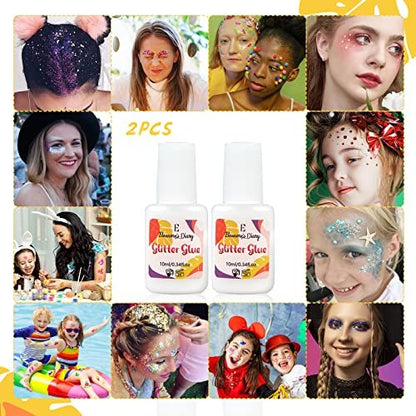 Body Glue for Glitter Tattoos – Eleanore's Diary 10ml*2 Art Glitter Glue, Odourless & Non-Toxic, Ideal for Skin Chunky Makeup, Beach Parties, Music Festivals, Carnival, Cosplay, Summer Holidays, Gemstones