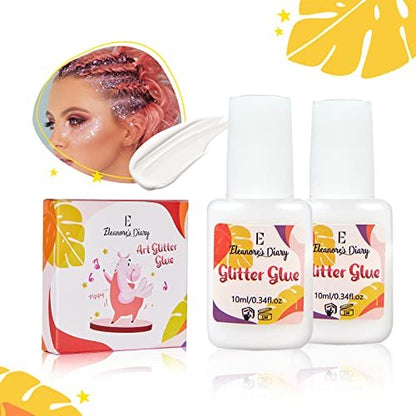 Body Glue for Glitter Tattoos – Eleanore's Diary 10ml*2 Art Glitter Glue, Odourless & Non-Toxic, Ideal for Skin Chunky Makeup, Beach Parties, Music Festivals, Carnival, Cosplay, Summer Holidays, Gemstones