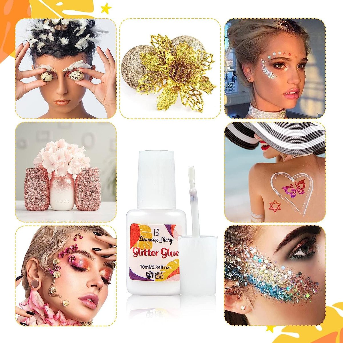 Body Glue for Glitter Tattoos – Eleanore's Diary 10ml*2 Art Glitter Glue, Odourless & Non-Toxic, Ideal for Skin Chunky Makeup, Beach Parties, Music Festivals, Carnival, Cosplay, Summer Holidays, Gemstones - görsel 9