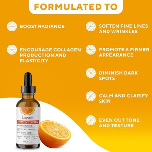 Lupure Professional Vitamin C Face Serum 20% – Anti Aging Serum with Ascorbic Acid, Hyaluronic Acid & Vitamin E for Dark Spots, 1 Fl Oz Avelisse