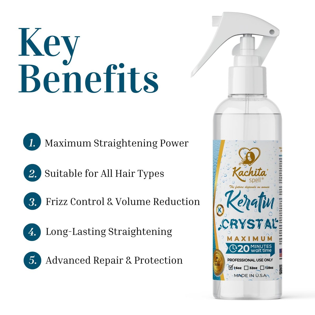 Kachita Spell Keratin Crystal Maximum 20-Minute Express Keratin Hair Straightening Treatment Spray - Long Lasting Blowouts, Home & Professional Use, 16 fl oz Avelisse