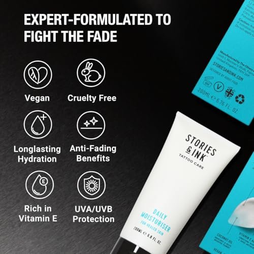 Stories & Ink Tattoo Care Daily Moisturizer for Healed Tattoos - Fast-Absorbing Hydrating Lotion with UV Ink Protection, 6.8 Fl Oz Avelisse