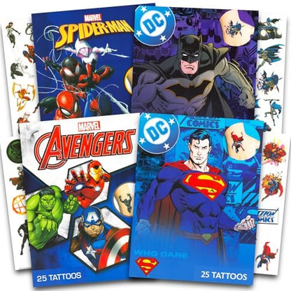 Superhero Tattoos for Kids Bundle – 100 Pcs Marvel & DC Temporary Tattoos | Spiderman, Avengers, Superman, Batman Party Favors