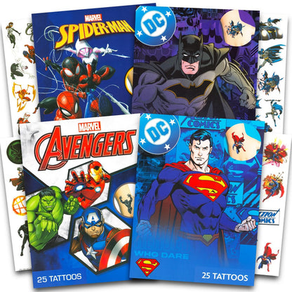 Superhero Tattoos for Kids Bundle – 100 Pcs Marvel & DC Temporary Tattoos | Spiderman, Avengers, Superman, Batman Party Favors
