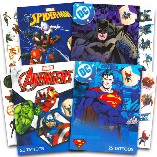 Superhero Tattoos for Kids Bundle – 100 Pcs Marvel & DC Temporary Tattoos | Spiderman, Avengers, Superman, Batman Party Favors