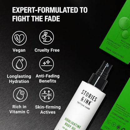 Stories & Ink Tattoo Care Highlighting Body Oil – Instant Glow for Healed Tattoos, Enhances Ink Vibrancy, Lightweight Non-Greasy Daily Hydration, 3.4 Fl Oz Avelisse
