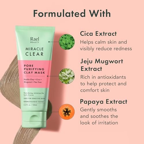 Rael Miracle Clear Clay Mask – Deep Pore Cleanser with Tea Tree & Gentle Exfoliation for Blackheads, Korean Skin Care (3.4 fl oz) Avelisse