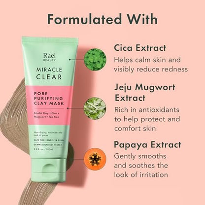 Rael Miracle Clear Clay Mask – Deep Pore Cleanser with Tea Tree & Gentle Exfoliation for Blackheads, Korean Skin Care (3.4 fl oz) Avelisse