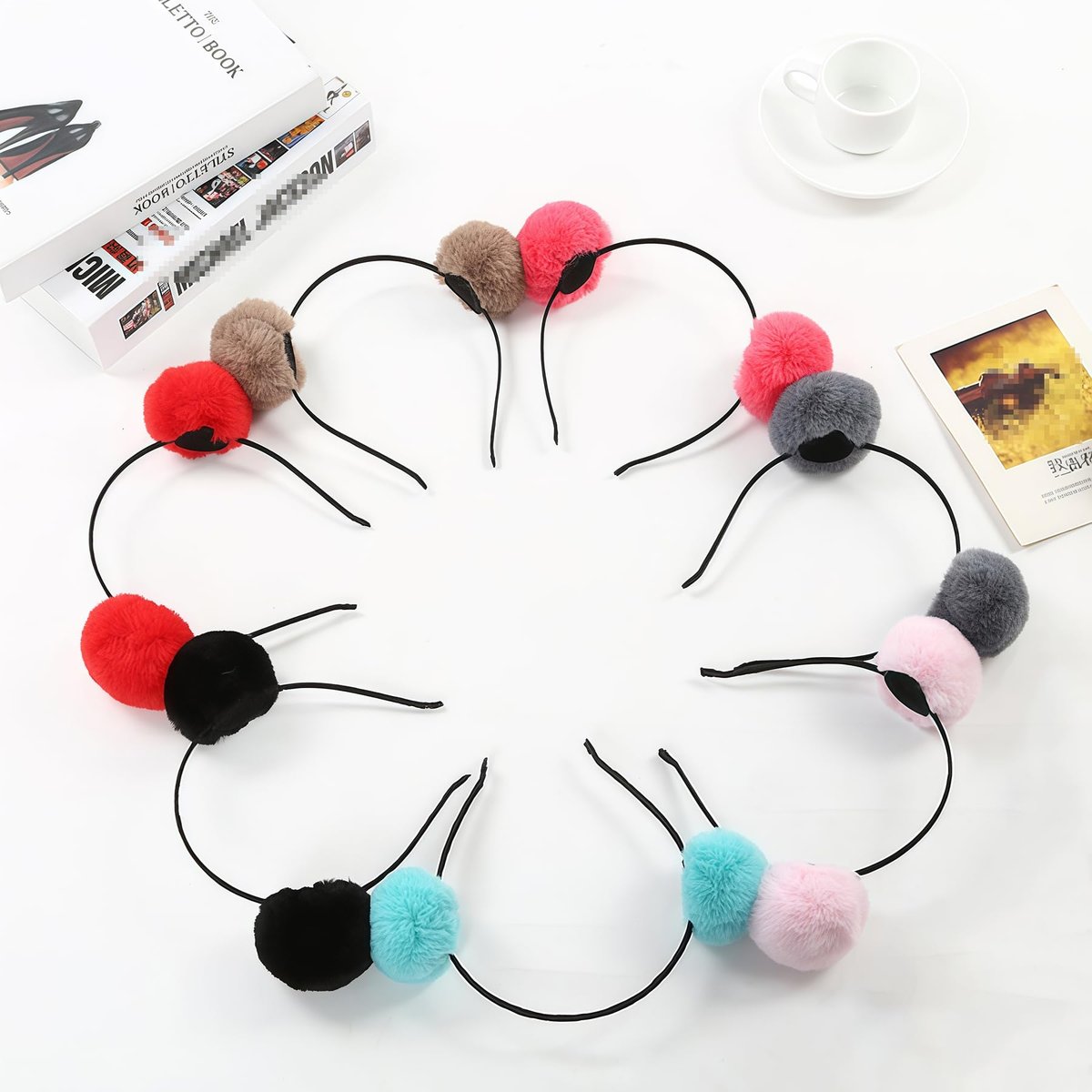 erioctry 3-Pack Cute Panda Ears Headbands - Plush Pom Pom Hair Bands for Women, Halloween Costume & Party Accessories (Black, White, Pink) - görsel 15