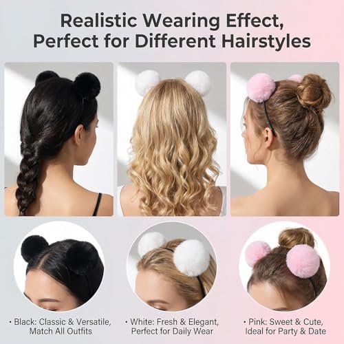 erioctry 3-Pack Cute Panda Ears Headbands - Plush Pom Pom Hair Bands for Women, Halloween Costume & Party Accessories (Black, White, Pink) - görsel 12