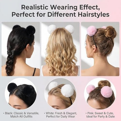 erioctry 3-Pack Cute Panda Ears Headbands - Plush Pom Pom Hair Bands for Women, Halloween Costume & Party Accessories (Black, White, Pink)